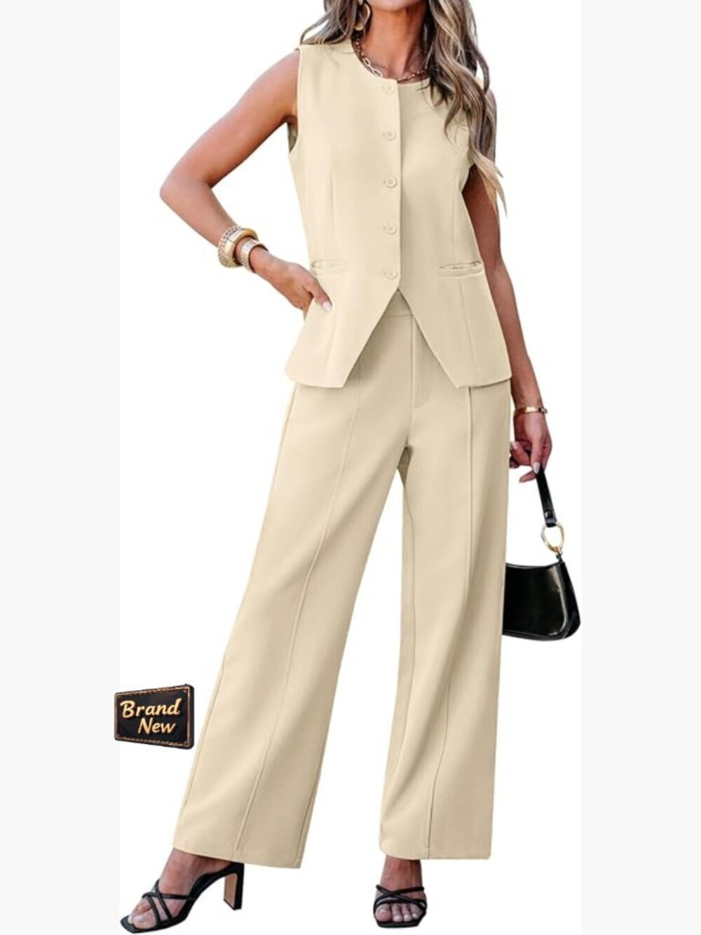 Vest and Wide Leg Pants 2 Piece Suit Set Sleeveless Blazer Business Casual